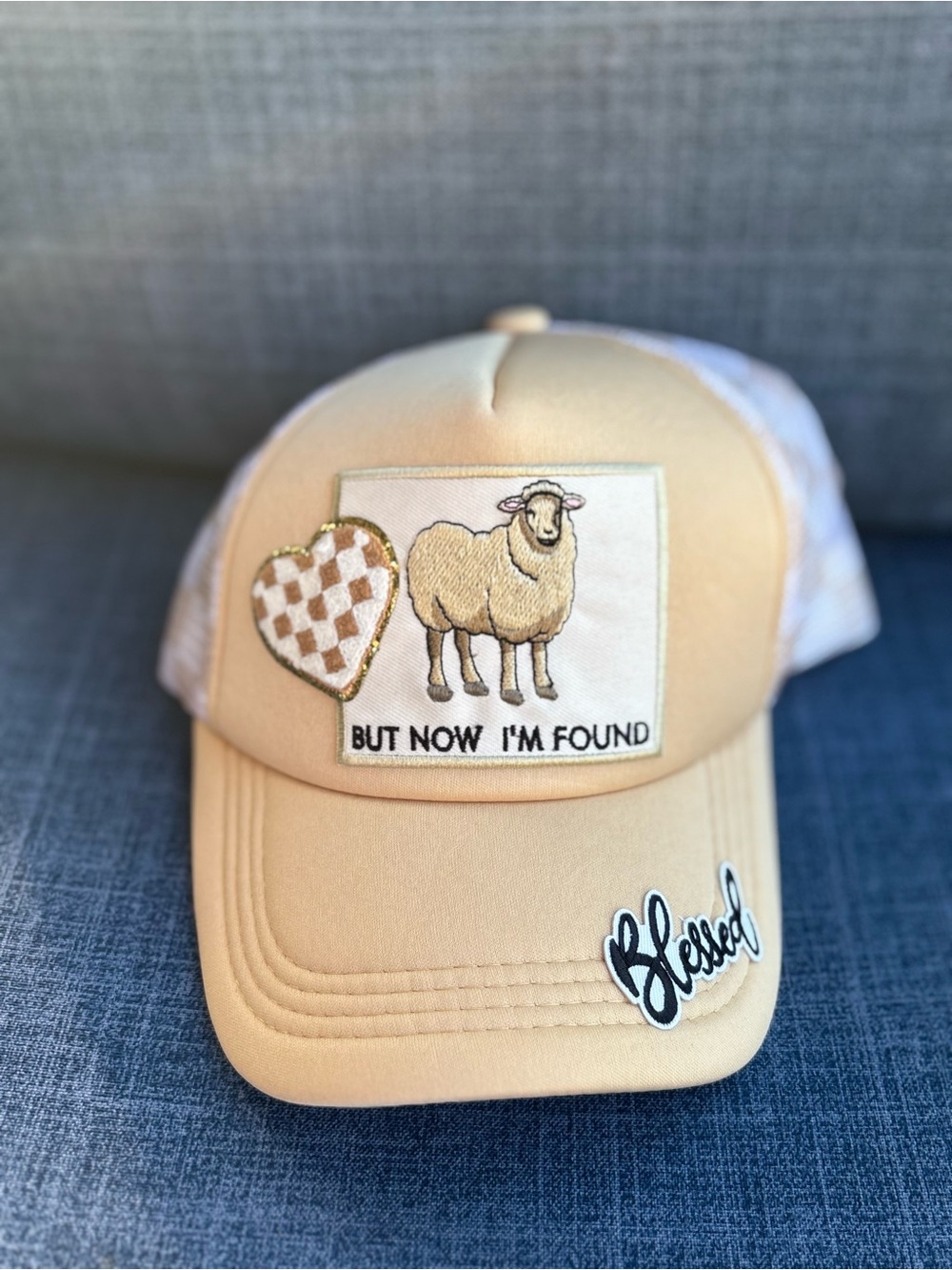 ⭐️Yellow 'But Now I'm Found' Sheep Trucker Hat - Blessed Accent